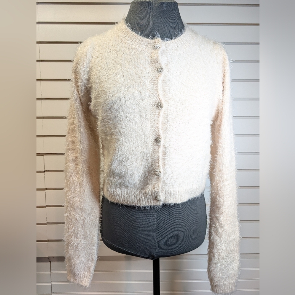 Industry Republic Clothing fuzzy feminine cardigan with crystal buttons M NWOT